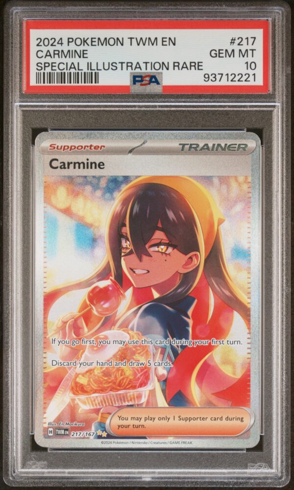 Year 2024 Brand POKEMON TWM EN-TWILIGHT MASQUERADE Sport TCG Cards Card Number 217 Player CARMINE Variety/Pedigree SPECIAL ILLUSTRATION RARE Grade GEM MT 10